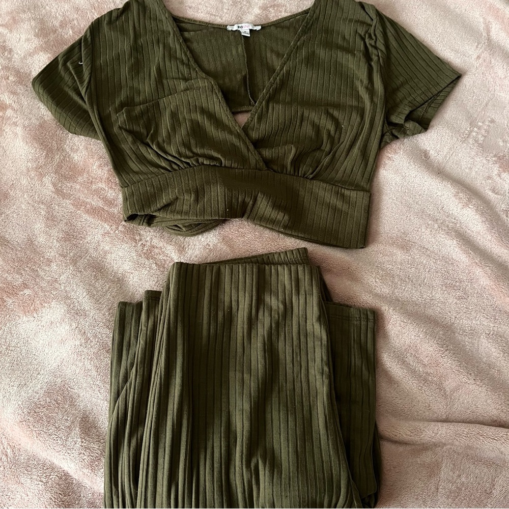 Olive Ribbed Two Piece Jumpsuit with Flare Pants